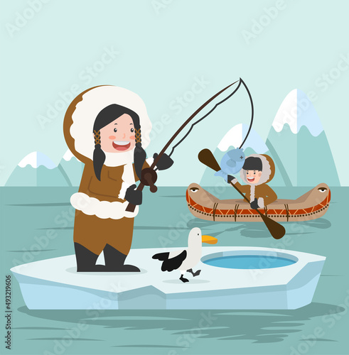 Arctic eskimo fishing on ice floe cartoon