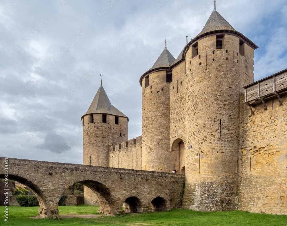 Ruins of the fortified medieval citadel of Carcassone, Aude, Occitanie, France. An imposing UNESCO World Heritage Site