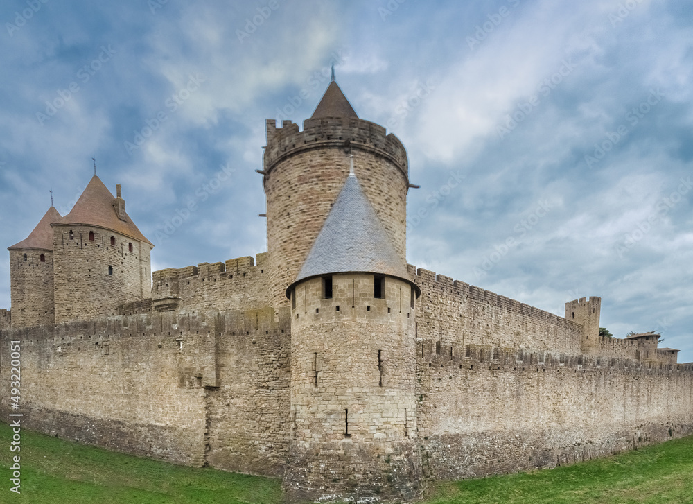Ruins of the fortified medieval citadel of Carcassone, Aude, Occitanie, France. An imposing UNESCO World Heritage Site