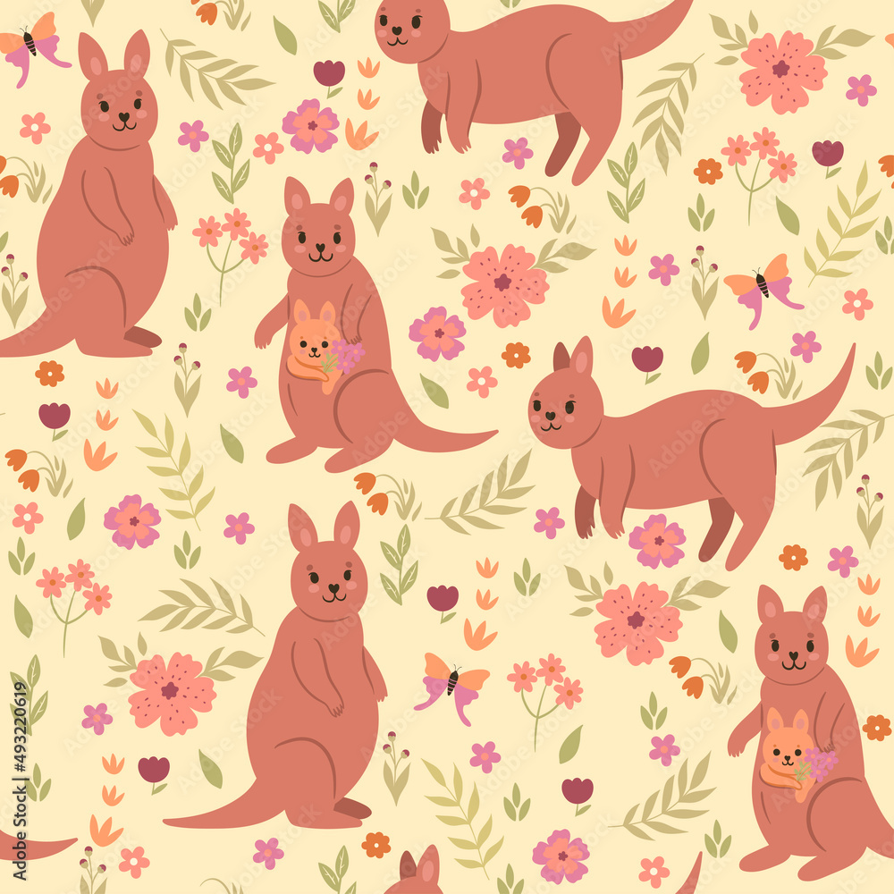 Seamless pattern with kangaroo and flowers. Vector graphics. Seamless pattern with kangaroo and flowers. Vector graphics.