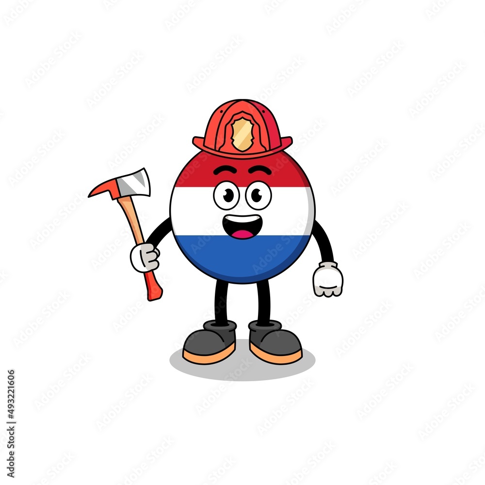 Cartoon mascot of netherlands flag firefighter