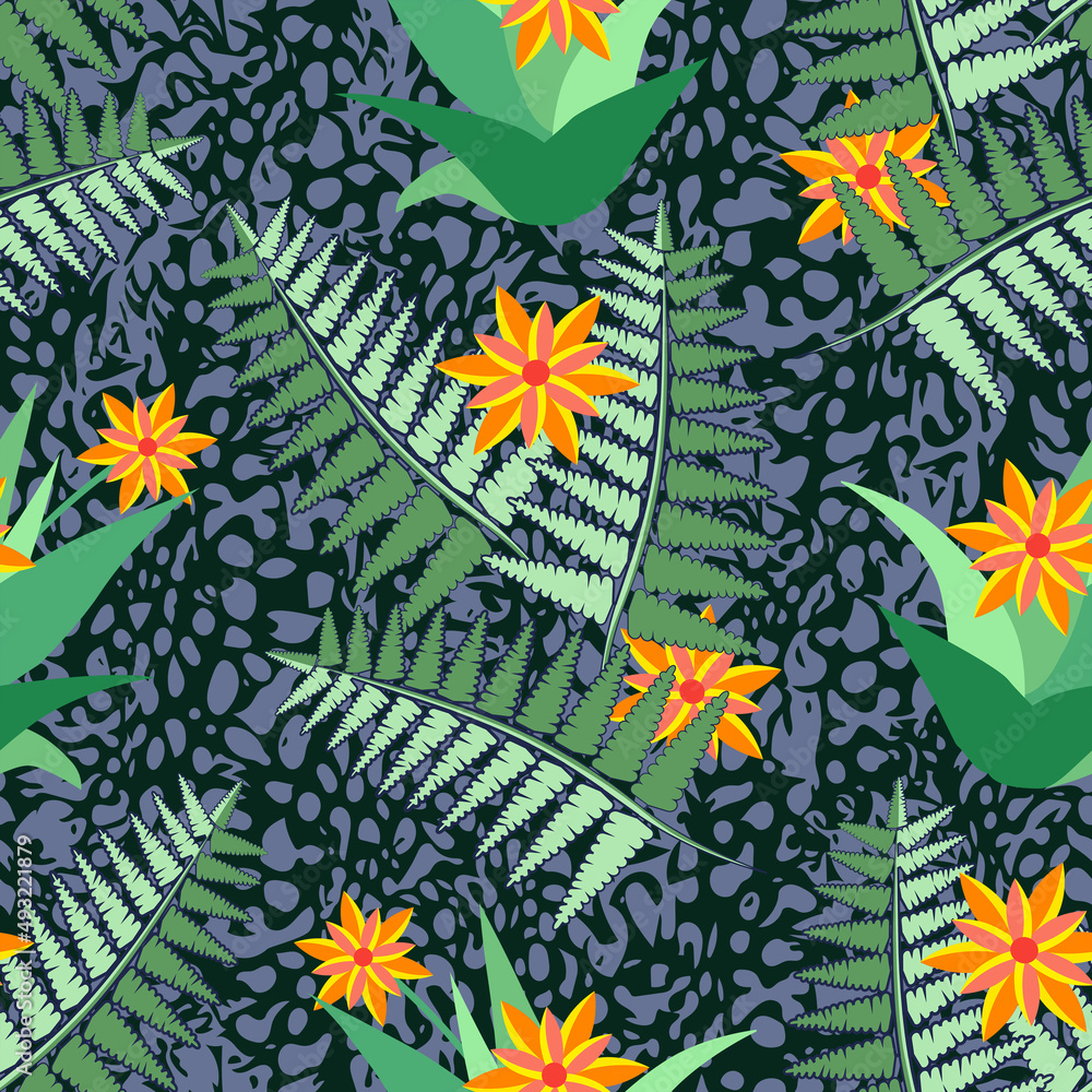 Naklejka premium Tropic plants with flowers and leaves, seamless pattern.