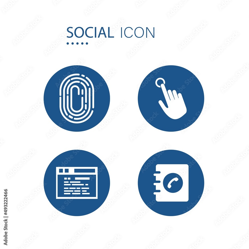 Symbol of Fingerprint, Hand pointing, Web page and Phone book icons on blue circle shape isolated on white background. Icons about social vector illustration. Symbol of Fingerprint, Hand pointing, Web page and Phone book icons on blue circle shape isolated on white background. Icons about social vector illustration.