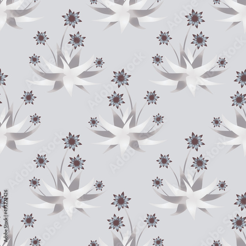 Tropic plants with flowers and leaves, seamless pattern.