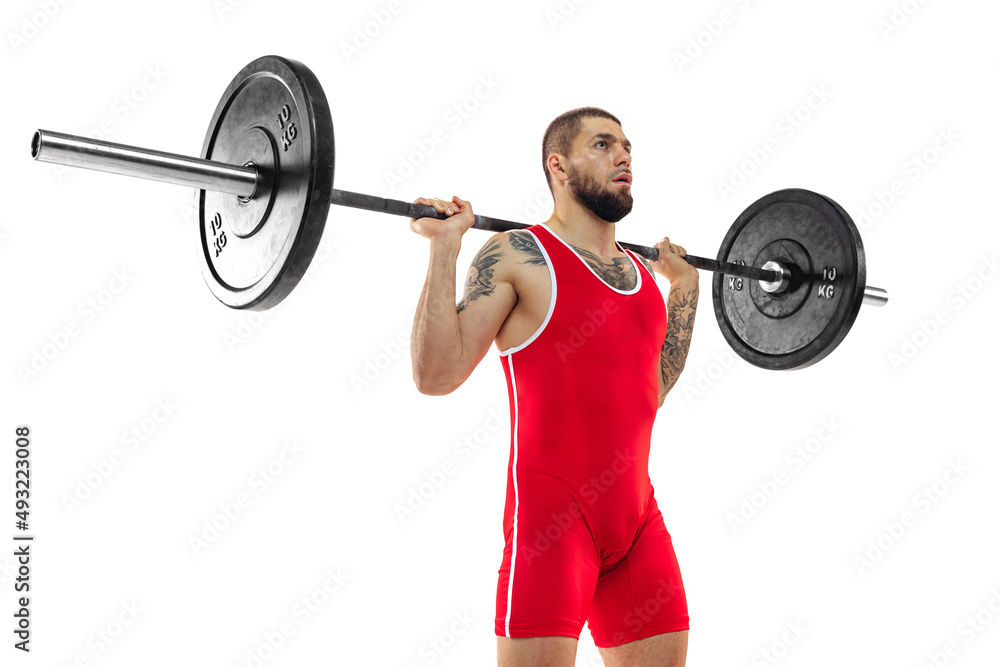 Close-up strong man red sportswear raising barbell up isolated on white background. Sport, weightlifting, power, achievements concept Close-up strong man red sportswear raising barbell up isolated on white background. Sport, weightlifting, power, achievements concept
