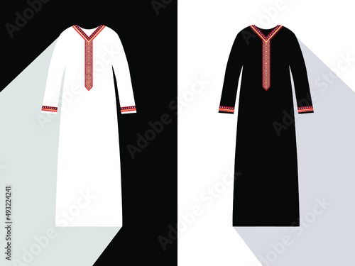 Design of traditional islamic muslim dress for woman, black and white fashion beautiful abaya from UAE or Saudi Arabia. Luxury icon abaya. Beautiful arabic abaya, Muslim hijab, islamic female clothing