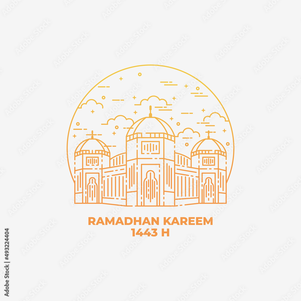 Mosque in line art style for ramadhan kareem celebration. Illustration of mosque line style. Ramadhan kareem background, gretting, card