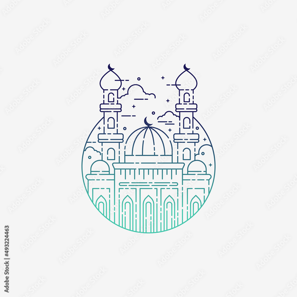 Line art style of a Mosque for Ramadhan Kareem, Adha, Iftar. Ramadhan kareem background. Ramadhan Kareem Celebration