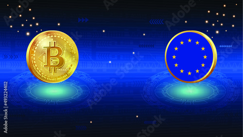 European Union flag and Bitcoin crypto currency illustration concept for banner, website, landing page, ads, flyer template.