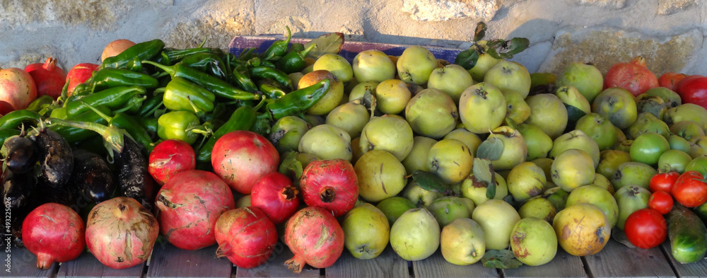 Freshly harvested organic vegetables and fruits. Freshly harvested organic vegetables and fruits.