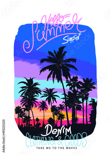 Hello Summer Sunset, Modern calligraphic T-shirt design with flat palm trees on bright colorful  background, An evening on the beach with palm trees. Orange sunset in the blue sky. 