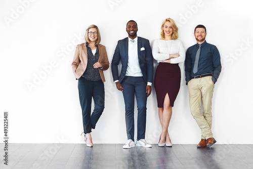 We all have something in common, success. Shot of well-dressed businesspeople standing against a white background.