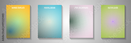 Flat circle perforated halftone cover page templates vector collection. Geometric brochure faded