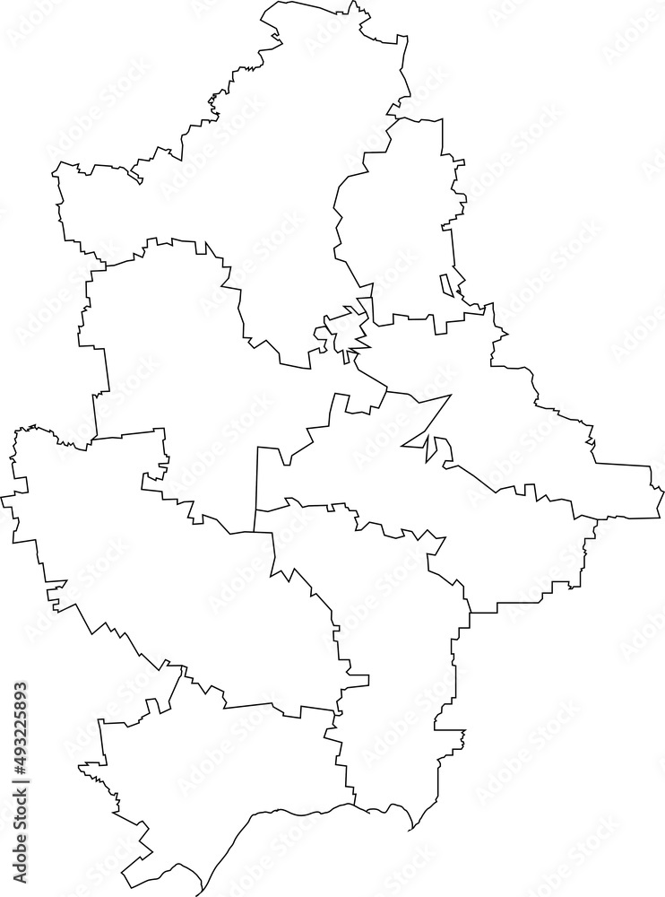 White flat blank vector map of raion areas of the Ukrainian administrative area of DONETSK OBLAST, UKRAINE with black border lines of its raions
