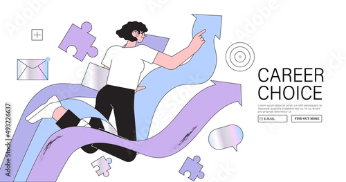 Woman searching job or inspiration. Career or personal growth or choice. Educational process banner, ad, landing page or poster for web, startup or courses. Business direction or way forward to goal.