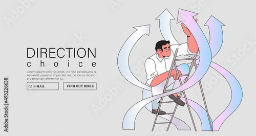 Businessman climb up an arrow through obstacles to his goal. Business developement, career success or growth and opportunity, startup concept banner, landing web page. Creative trendy character.