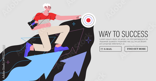 Businessman running on arrow through obstacles to his goal. Business developement, career success or growth and opportunity, startup concept banner, landing web page. Creative trendy character.
