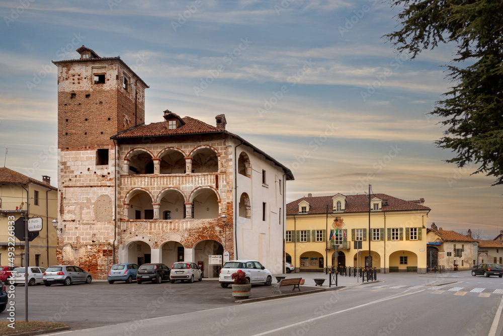 Cavallerleone, Cuneo, Italy - March 16, 2022: Palazzo Balbo Ferrero (Palazzotto) XVI century in piazza Santa Maria and the town hall in the background