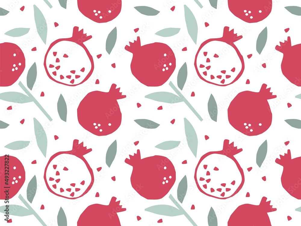 Seamless pattern with pomegranate and leaves. Hand drawn doodle sketch background. Whole fruit and cut half. Food vector template for menu, nursery wallpaper, textile, wrapping paper Seamless pattern with pomegranate and leaves. Hand drawn doodle sketch background. Whole fruit and cut half. Food vector template for menu, nursery wallpaper, textile, wrapping paper