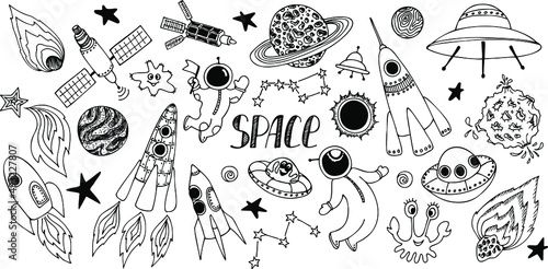 Set of vector illustrations in doodle style on the theme of space.