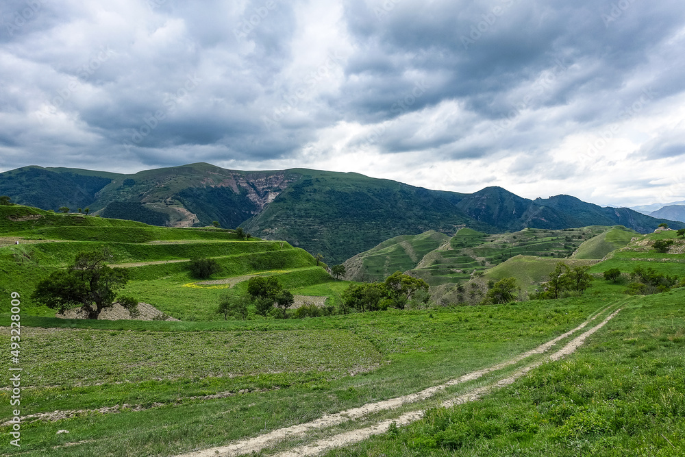 Views of the mountains of Dagestan near the village of Gamsutl. Russia June 2021