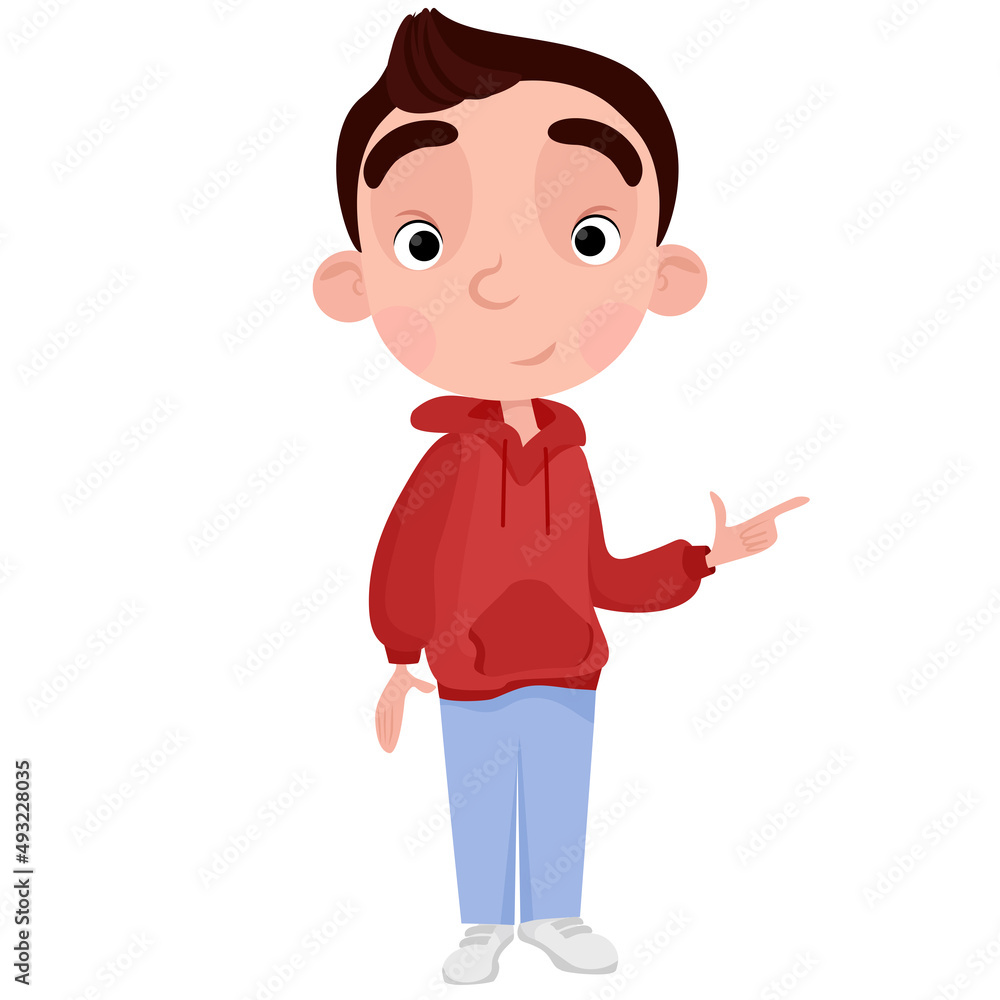 A young guy in a red sweater points his finger A young guy in a red sweater points his finger
