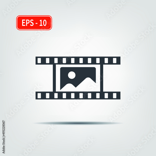 Photographic vintage film icon with mountains and sun, trendy flat style for your web design, app, logo, UI. EPS10. Vector illustration.