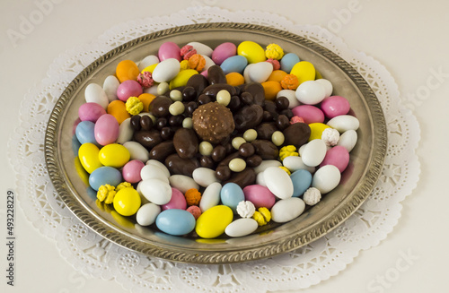 Traditional Turkish Colorful Almond Candies and Chocolates in vintage round tray,