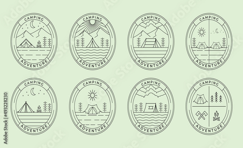set collection bundle camp night tent camp fire logo vector illustration design clever creative line art logo fantasy with badge emblem line design