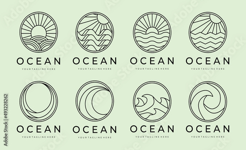 Unset of ocean waves minimalist line art logo vector illustration template design. bundle collection various of ocean wave isolated with badge icon logo design