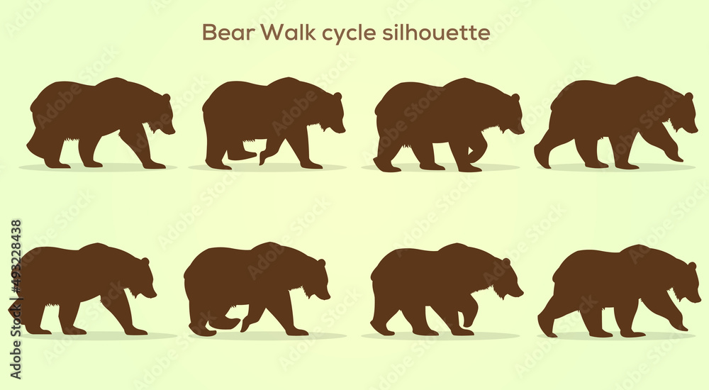 Vector Bear Walk cycle silhouette, Frame by Frame Animation for 2D Animation, Motion Graphics, With a Gradient background