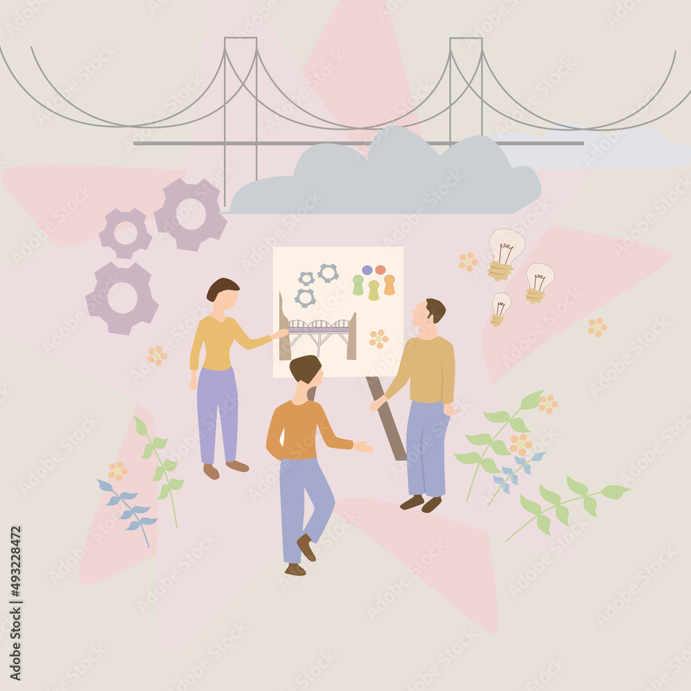 Drei Menschen um Flipchart mit Symbolen Zahnrad, Brücke, Wolke, Glühbirne, Natur im Business Context Büro Drei Menschen um Flipchart mit Symbolen Zahnrad, Brücke, Wolke, Glühbirne, Natur im Business Context Büro