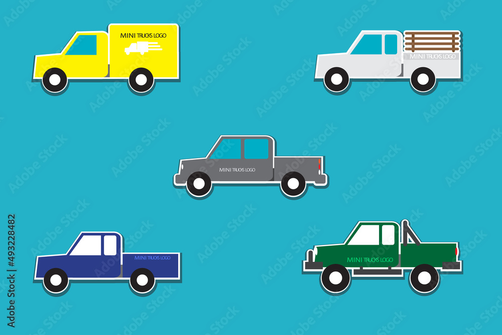 Set of small truck icons. Pickup truck. On blue background. Transport and transport cargo trucks and semi-trucks. Flat style design vector illustration. transportation concept.