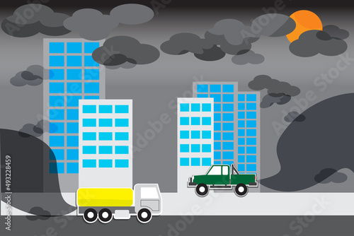 Flat vector cartoon style illustration of horizontal road with cars, trucks, buildings and weather with toxic smoke, pollution. Road traffic concept.