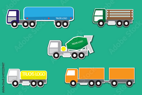 Truck and trailer icon pack on a green background. Shipping and transport of cargo trucks and semi-trucks. Flat style design vector illustration. Transportation concept.