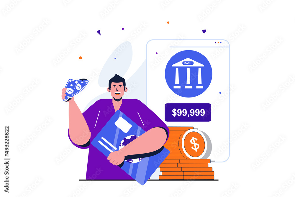 Mobile banking modern flat concept for web banner design. Man using credit card to withdraw cash and online bank account to manage savings in app. Illustration with isolated people scene Mobile banking modern flat concept for web banner design. Man using credit card to withdraw cash and online bank account to manage savings in app. Illustration with isolated people scene