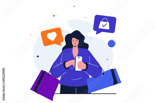 Mobile commerce modern flat concept for web banner design. Woman with shopping bags browses assortment of store using application and makes purchases. Illustration with isolated people scene