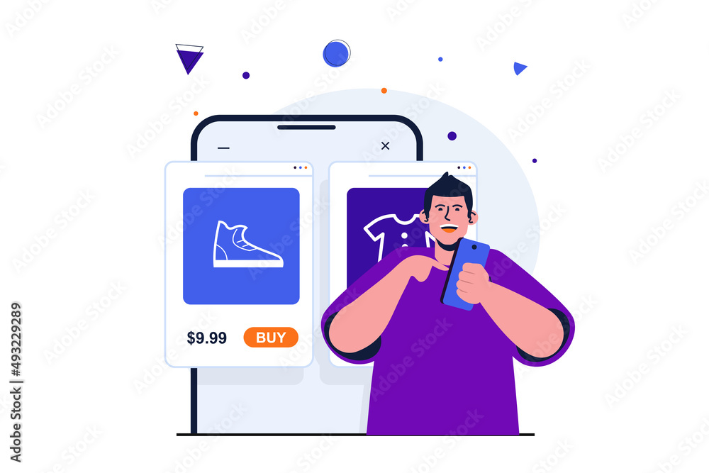 Mobile commerce modern flat concept for web banner design. Customer chooses goods in online store and compares prices, makes purchases in application. Illustration with isolated people scene