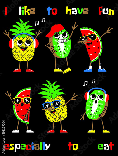 Cartoon Funny fruits dance, make DAB move and listen to music. Vector illustration.