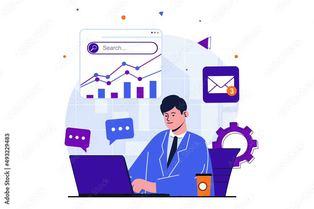 Office work modern flat concept for web banner design. Male employee analyzes financial statistics graphs, writes report and answers incoming emails. Illustration with isolated people scene Office work modern flat concept for web banner design. Male employee analyzes financial statistics graphs, writes report and answers incoming emails. Illustration with isolated people scene