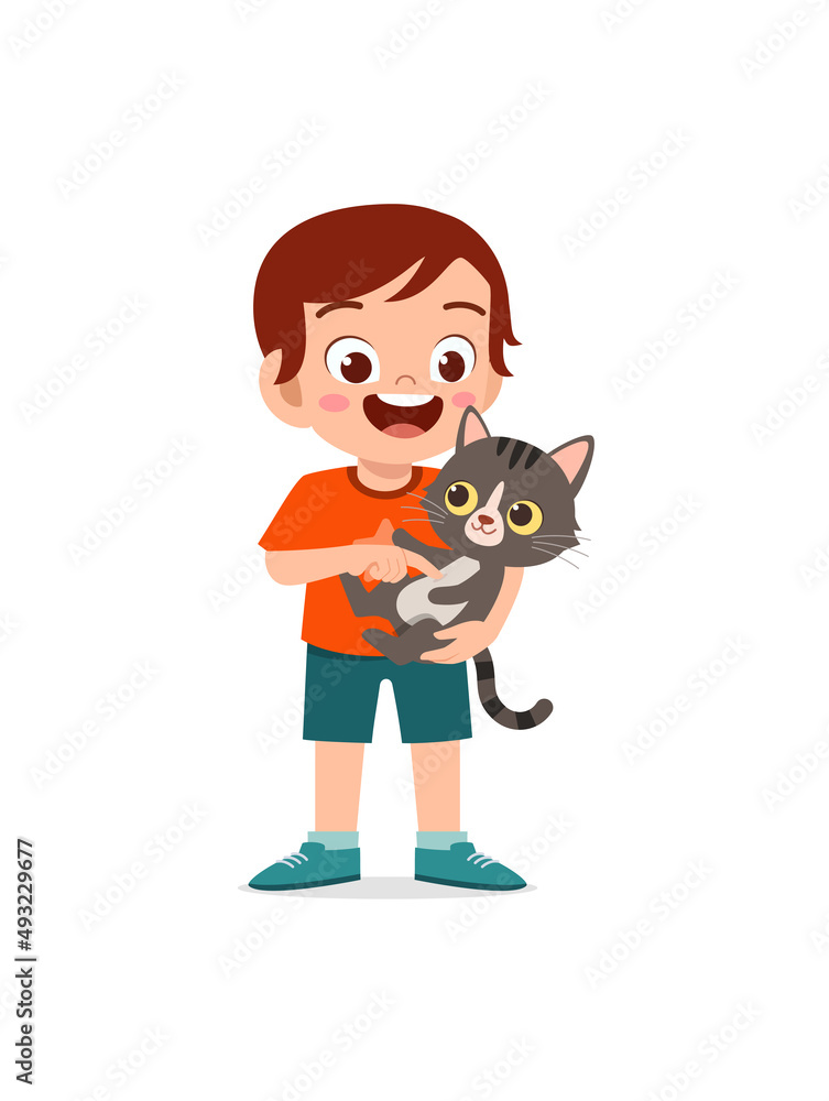 little boy playing together with cute cat