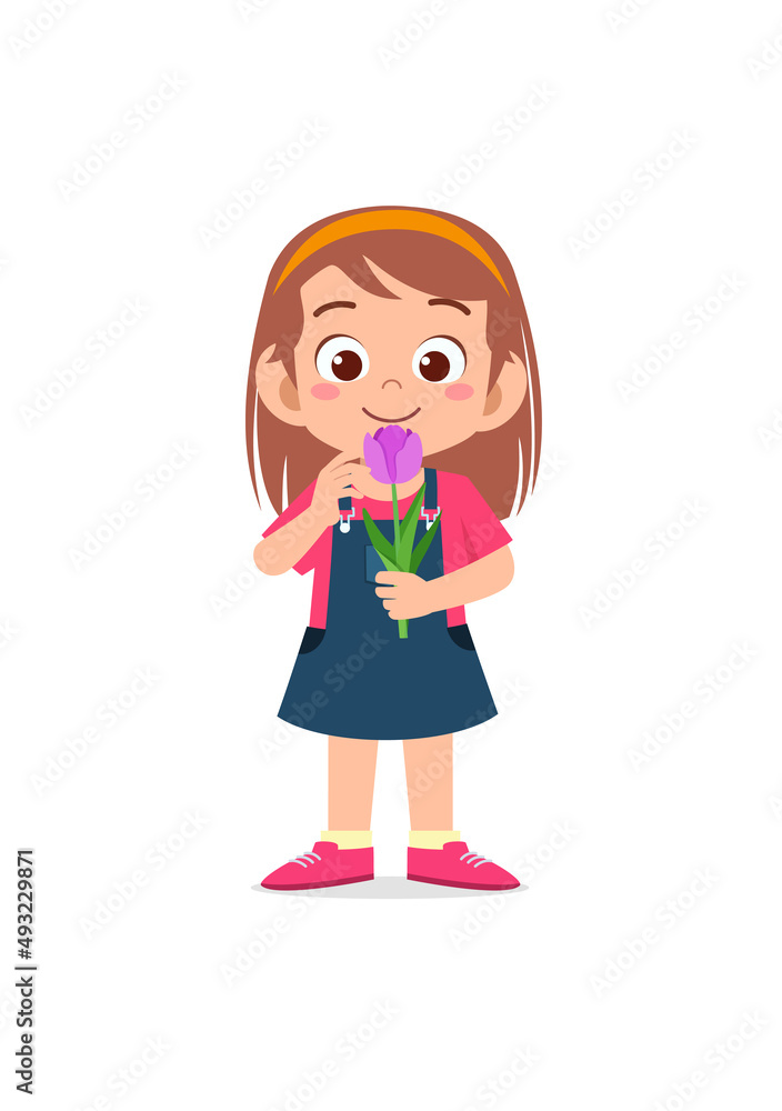 little girl holding flower and sniff the scent little girl holding flower and sniff the scent