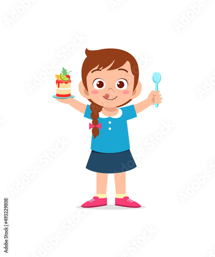 little girl eat sweet cake and feel happy