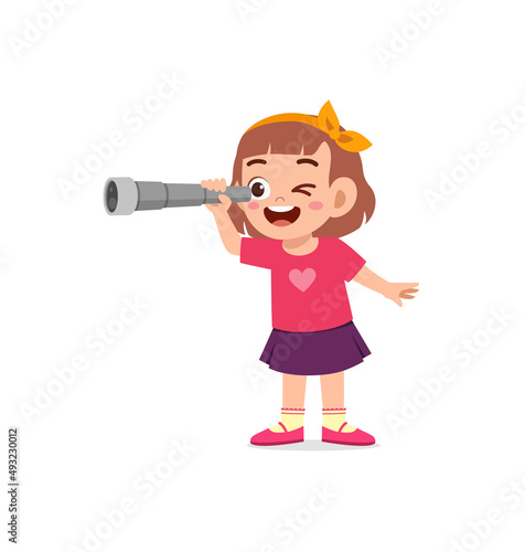 little girl standing and see using telescope