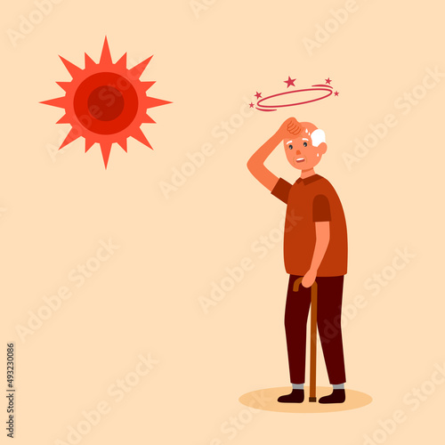 Senior man suffering from heat and sweaty dehydration from strong sunlight in flat design. Hot climate in summer.