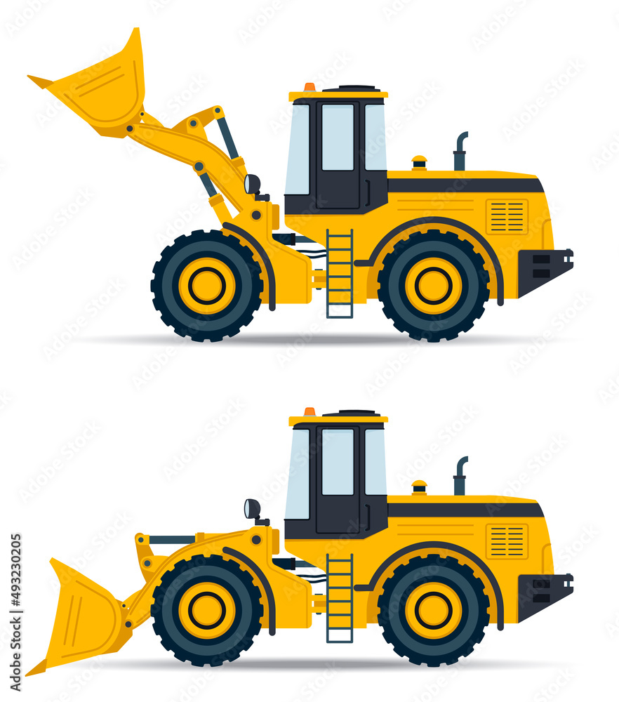 Front loader with two bucket positions - lowered and raised. Vector illustration for car motion animation. The concept of loading bulk materials into a vehicle.