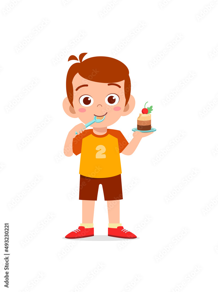 little boy eat sweet cake and feel happy