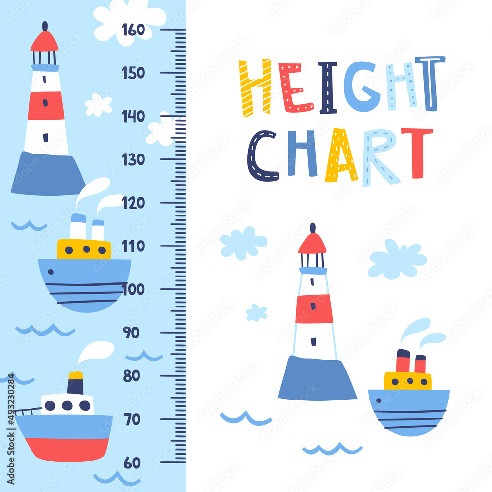 Marine height chart with ships and lighthouse. Doodle baby wall ruler with sea transport and beacon. - obrazy, fototapety, plakaty 