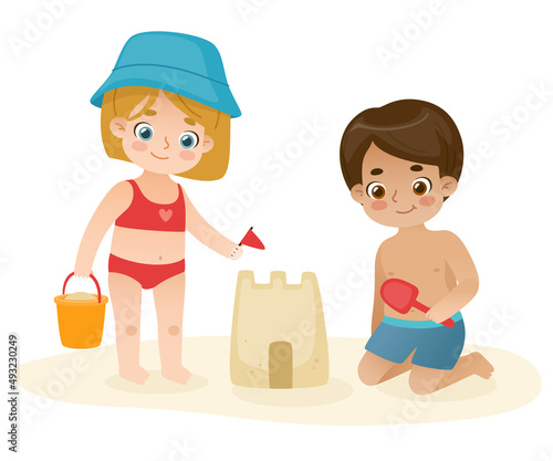 Cartoon children building a sandcastle on the beach. Adorable boy and girl playing with the sand.
