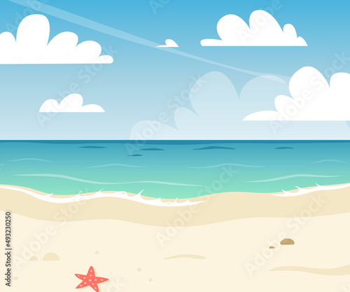 Summer time sea coast. Paradise vector seascape.Tropical ocean view with sand, water and sky.
